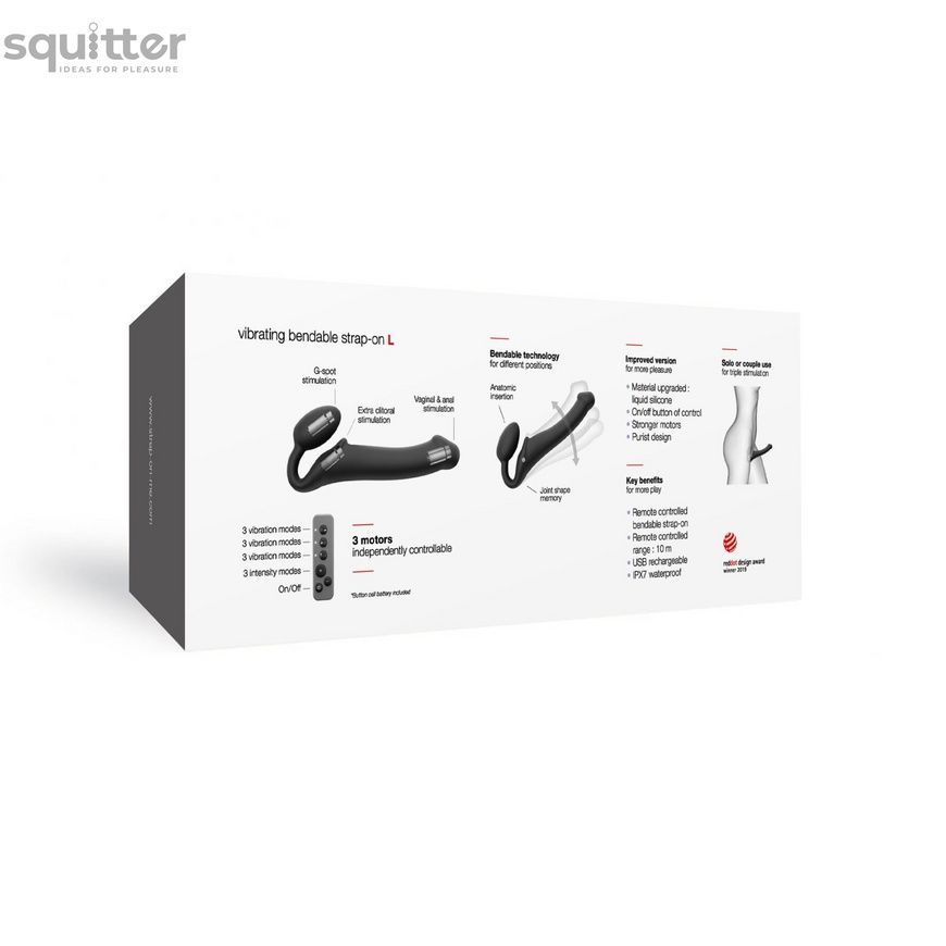 Безремневой страпон с вибрацией Strap-On-Me Vibrating Black L, диаметр 3,7см, пульт ДУ, регулируемый SO3829 - онлайн-сексшоп Сквитер