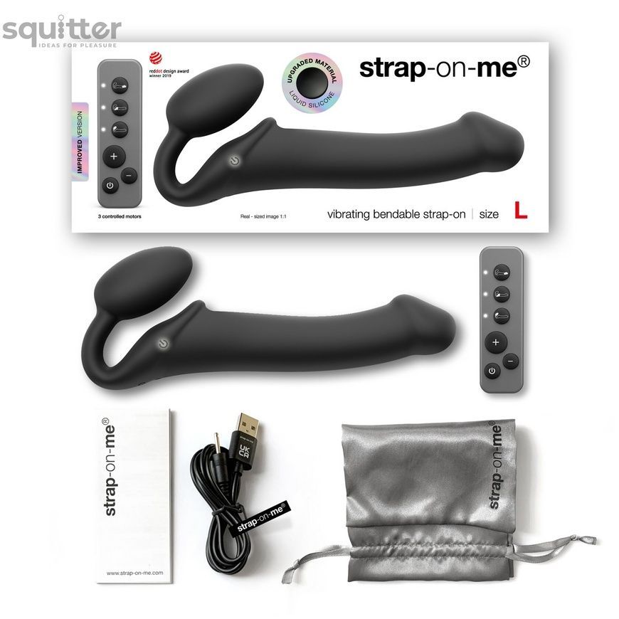 Безремневой страпон с вибрацией Strap-On-Me Vibrating Black L, диаметр 3,7см, пульт ДУ, регулируемый SO3829 - онлайн-сексшоп Сквитер