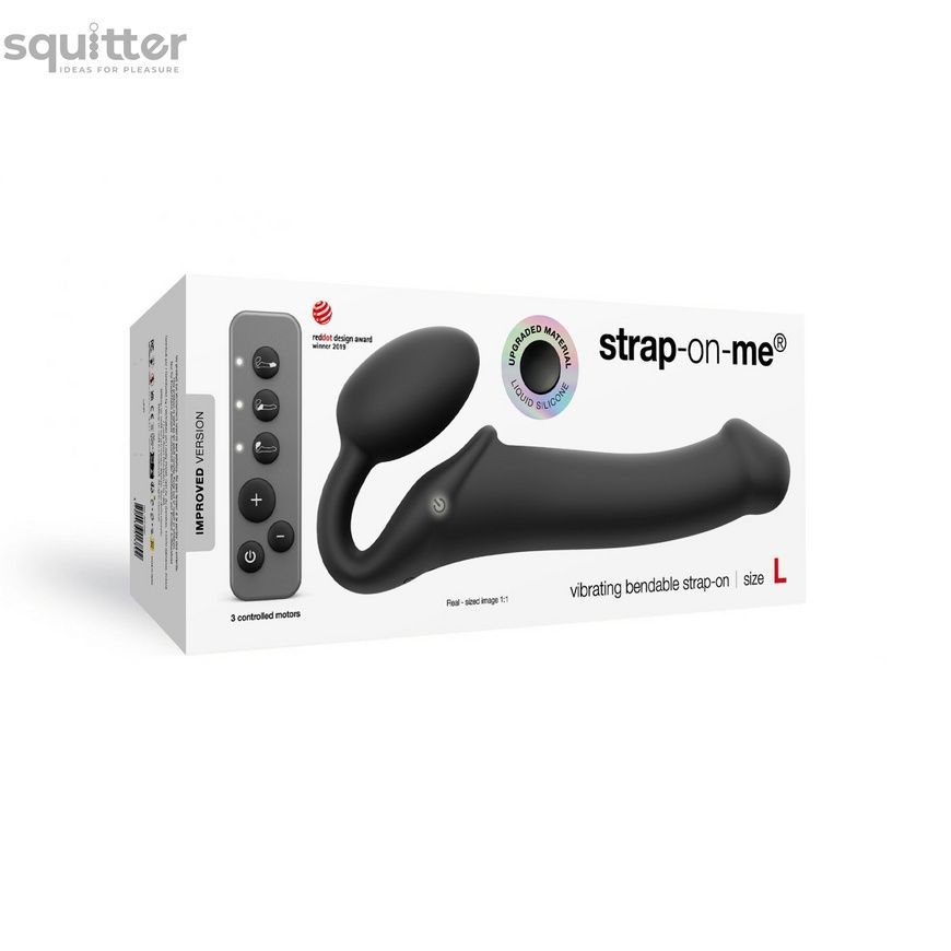 Безремневой страпон с вибрацией Strap-On-Me Vibrating Black L, диаметр 3,7см, пульт ДУ, регулируемый SO3829 - онлайн-сексшоп Сквитер