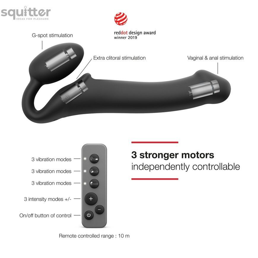 Безремневой страпон с вибрацией Strap-On-Me Vibrating Black L, диаметр 3,7см, пульт ДУ, регулируемый SO3829 - онлайн-сексшоп Сквитер