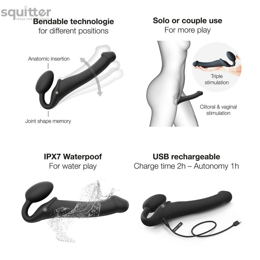 Безремневой страпон с вибрацией Strap-On-Me Vibrating Black L, диаметр 3,7см, пульт ДУ, регулируемый SO3829 - онлайн-сексшоп Сквитер