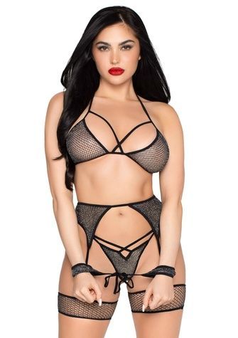 Комплект Leg Avenue Net Bra Top, String & Harness Set One Size Black SX5004 - онлайн-сексшоп Сквітер