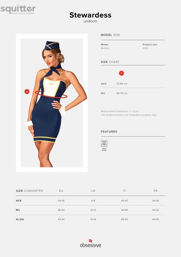 Эротический костюм стюардессы Obsessive Stewardess uniform M/L, blue, платье, пилотка, шарф, манжеты SO7730 - онлайн-сексшоп Сквитер