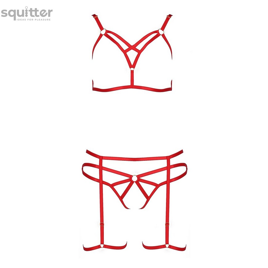 Комплект белья MAGALI SET OpenBra red L/XL - Passion Exclusive: стрэпы: лиф, трусики и пояс PS23801 фото