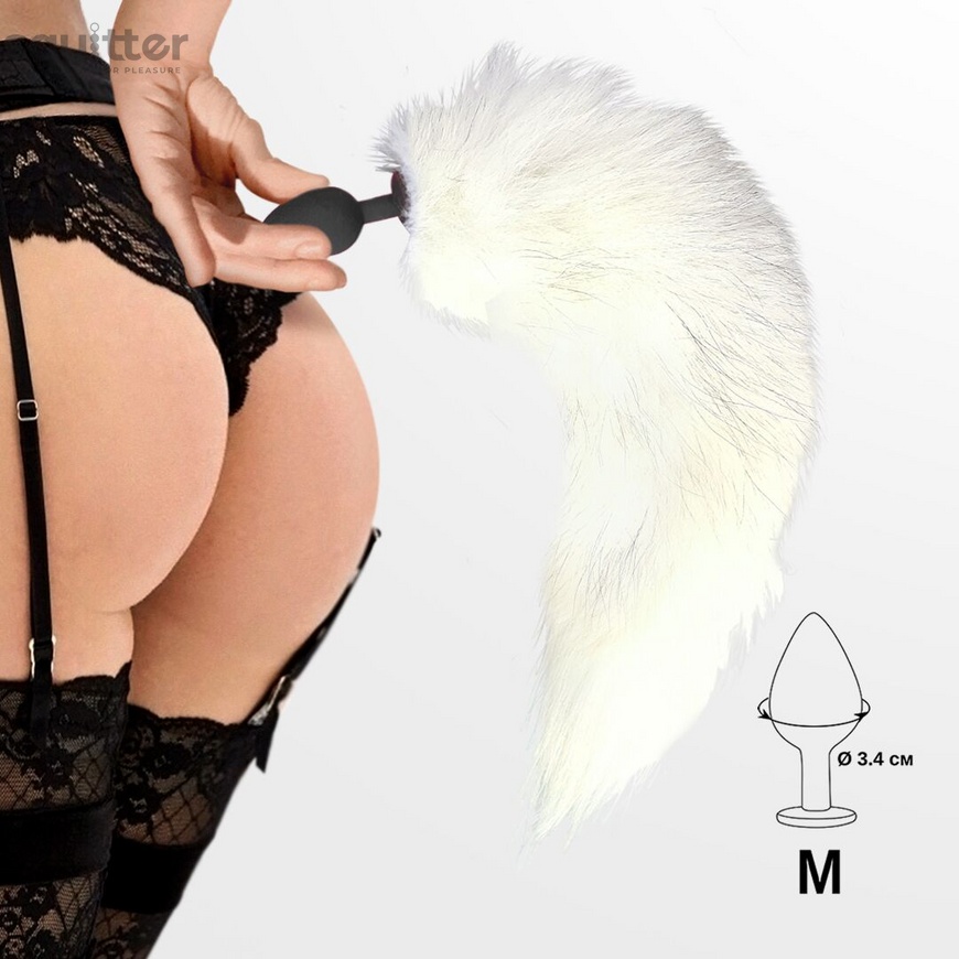 Силиконовая анальная пробка с хвостом из натурального меха Art of Sex size M White fox SO6187 фото