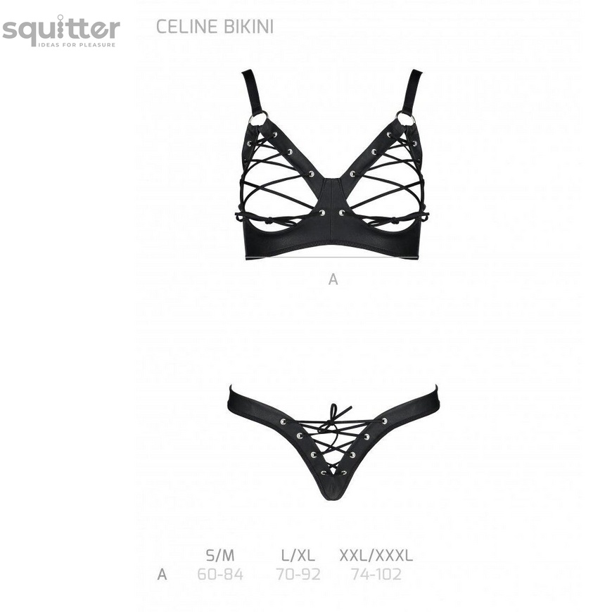 Комплект з екошкіри CELINE BIKINI black XXL/XXXL — Passion: відкритий бра зі стрічками, стрінги зі ш SO6402 фото