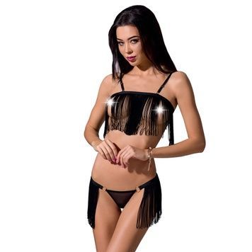 Комплект білизни Passion Exclusive KASSANDRA SET OpenBra S/M black, ліф з бахроми, трусики-спідниця PS26302 - онлайн-сексшоп Сквітер