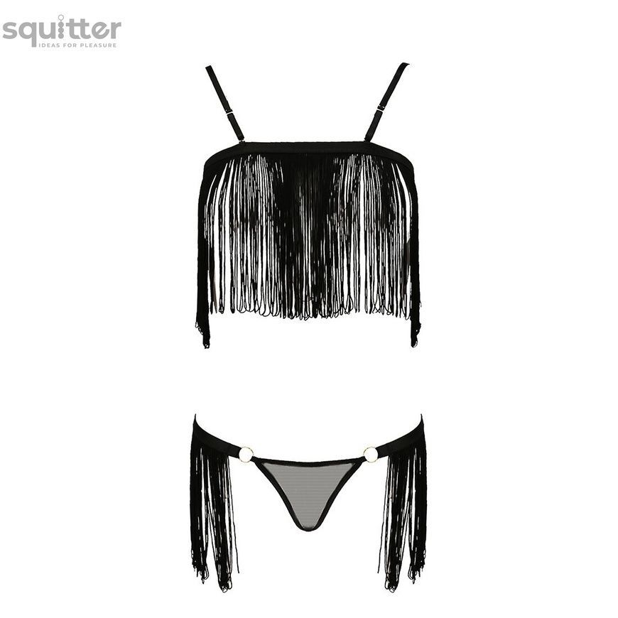 Комплект белья KASSANDRA SET OpenBra black S/M - Passion Exclusive: лиф из бахромы, трусики-юбка PS26302 - онлайн-сексшоп Сквитер