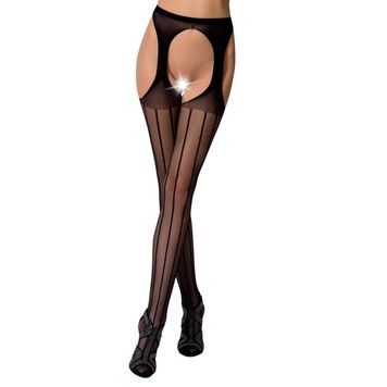 Эротические колготки-бодистокинг Passion S018 black, имитация чулок с вертикальными полосками и пояс PSS018B - онлайн-сексшоп Сквитер
