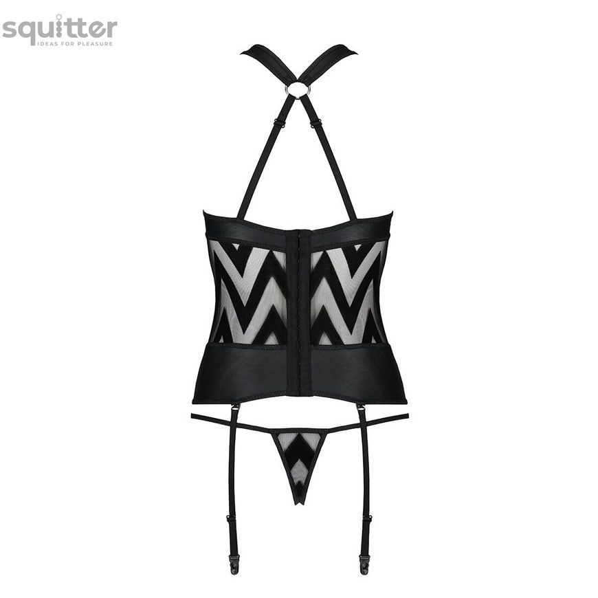 Сітчастий комплект з візерунком Passion HIMA CORSET L/XL black корсет з халтером, підв'язки, трусики SO5349 - онлайн-сексшоп Сквітер