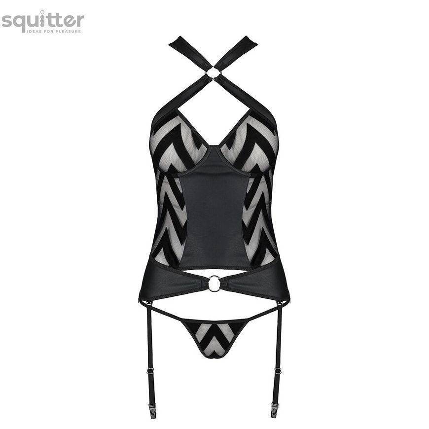 Сітчастий комплект з візерунком Passion HIMA CORSET L/XL black корсет з халтером, підв'язки, трусики SO5349 - онлайн-сексшоп Сквітер