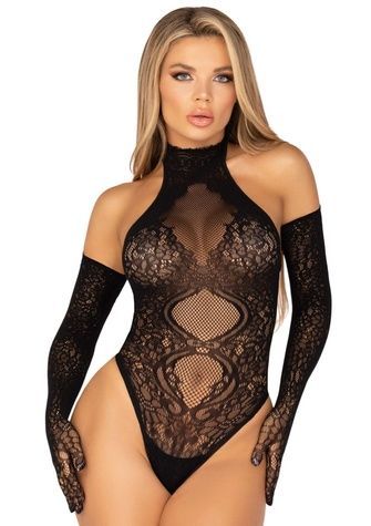 Боді Leg Avenue Lace Halter Teddy and Long Gloves One Size Black SX5007 - онлайн-сексшоп Сквітер