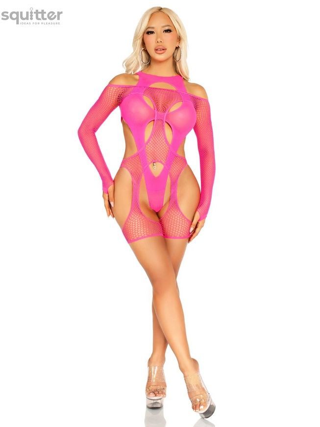 Бодістокінг Leg Avenue Fishnet Garter Harness and Teddy One Size Neon Pink SX2770 - онлайн-сексшоп Сквітер