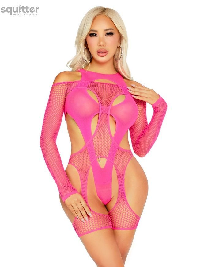 Бодістокінг Leg Avenue Fishnet Garter Harness and Teddy One Size Neon Pink SX2770 - онлайн-сексшоп Сквітер