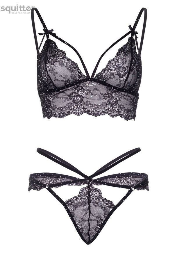 Еротичний комплект зі стрепами та стразами Leg Avenue Ready Or Not M Black, бра + стрінги SO8006 - онлайн-сексшоп Сквітер