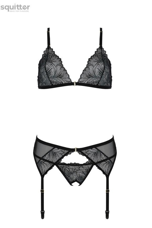Комплект з відкритим доступом Passion DELIENA SET XXL/XXXL black, ліф, стрінги, пояс для панчіх SO8423 - онлайн-сексшоп Сквітер