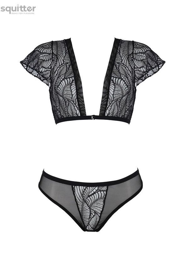 Комплект Passion LEAFA BIKINI black S/M, бюстгальтер-топ з рукавчиками, стрінги-шортики з вирізом SX0498 - онлайн-сексшоп Сквітер