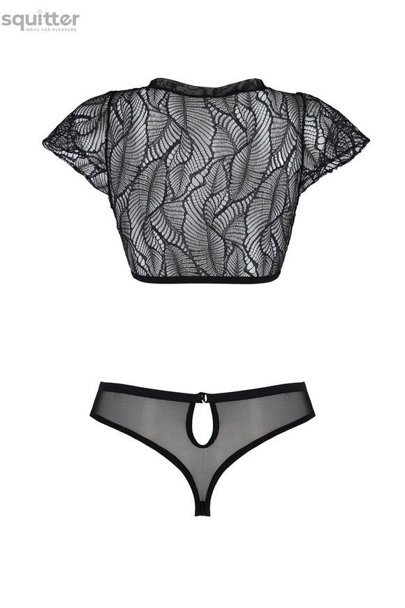 Комплект Passion LEAFA BIKINI black S/M, бюстгальтер-топ з рукавчиками, стрінги-шортики з вирізом SX0498 - онлайн-сексшоп Сквітер