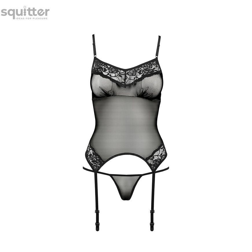Корсет з пажами Passion MELANIA CORSET XXL/XXXL, black, трусики, напівпрозорий EL16309 - онлайн-сексшоп Сквітер