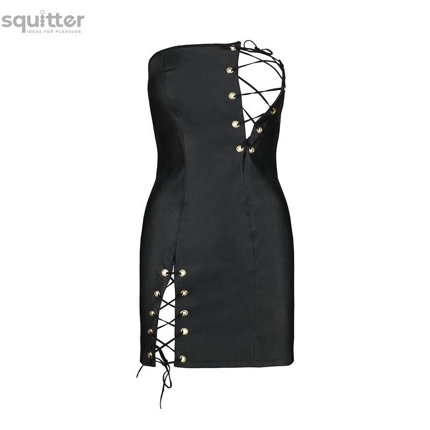 Мінісукня з екошкіри Passion CELINE CHEMISE XXL/XXXL, black, шнурівка, трусики в комплекті SO6408 - онлайн-сексшоп Сквітер