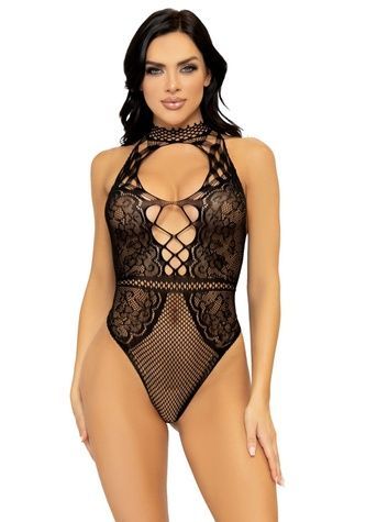 Leg Avenue Net and lace halter bodysuit OS Black SO7898 - онлайн-сексшоп Сквітер