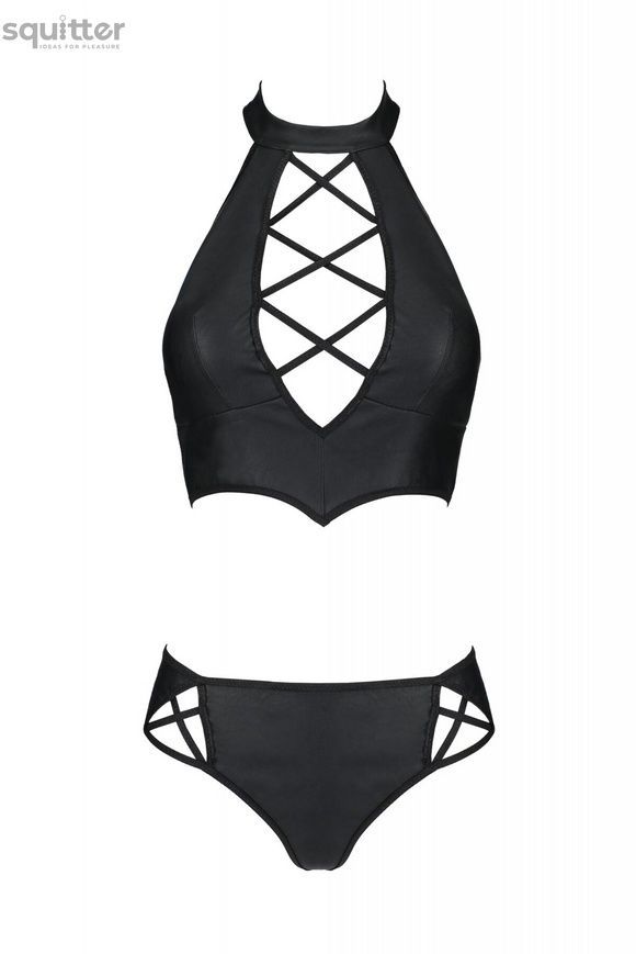 Комплект з екошкіри Passion NANCY BIKINI 4XL/5XL black, бра та трусики з імітацією шнурівки SO7102 - онлайн-сексшоп Сквітер